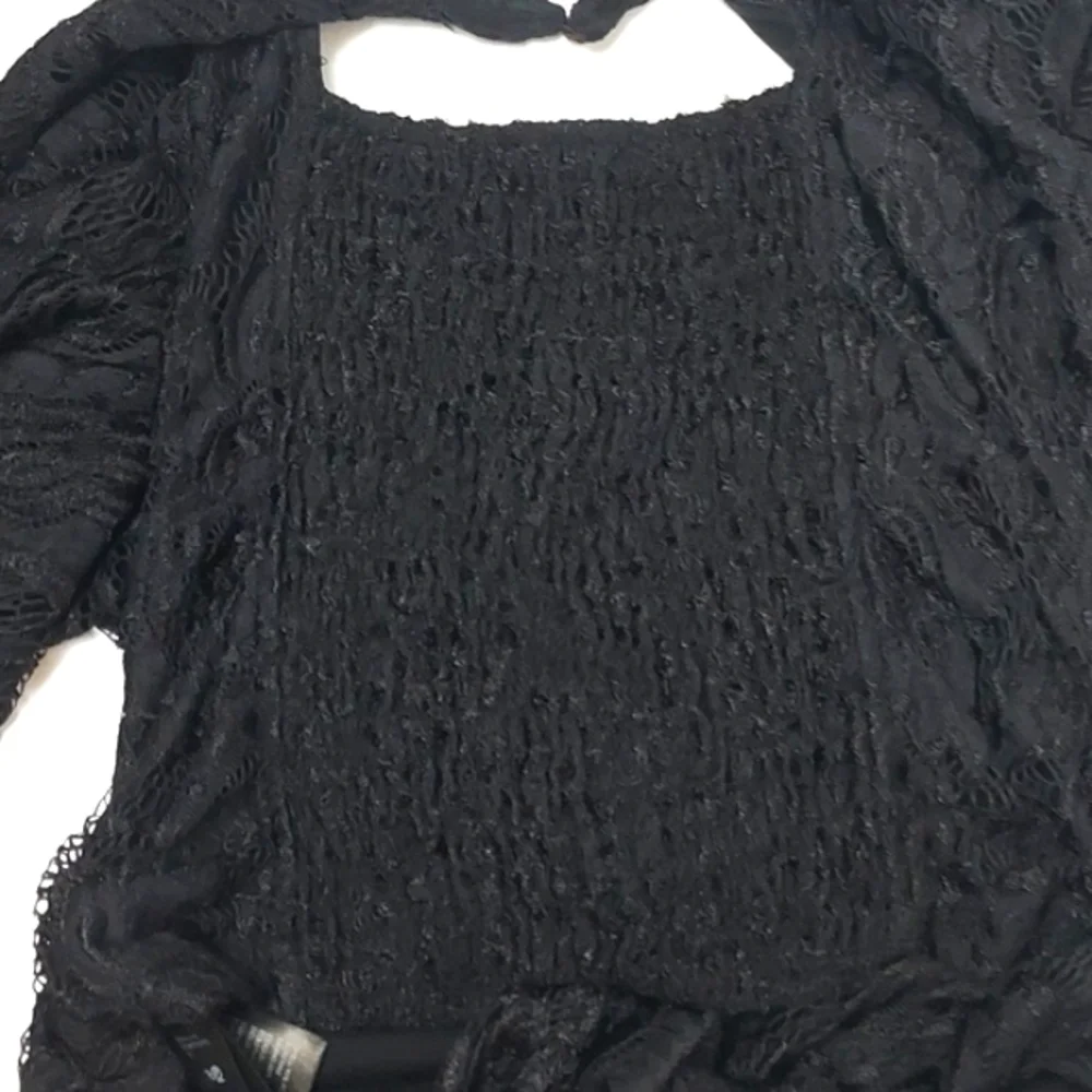 By Anthropologie Balloon-Sleeve Lace Wrap Blouse Black Small